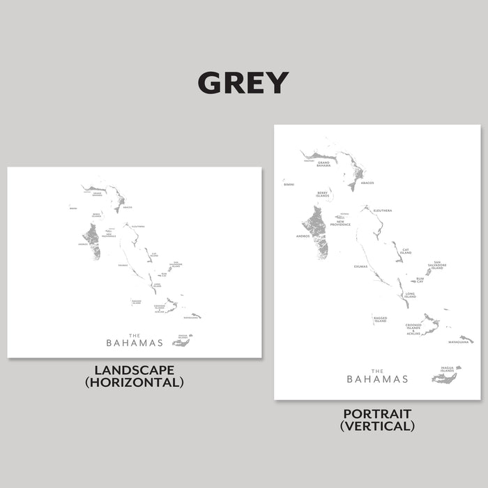 Two map prints of The Bahamas on gray backgrounds, one landscape and one portrait.