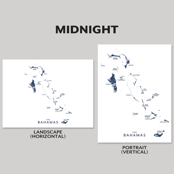 Two map prints of The Bahamas on a gray background, labeled 'Landscape (Horizontal)' and 'Portrait (Vertical)'.