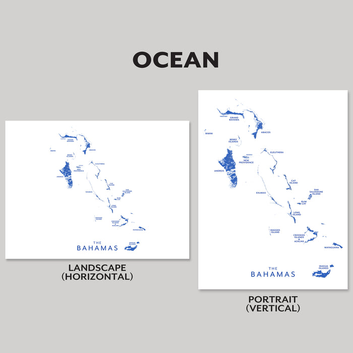 Two maps of The Bahamas, one landscape and one portrait, on a gray background with 'OCEAN' text above.
