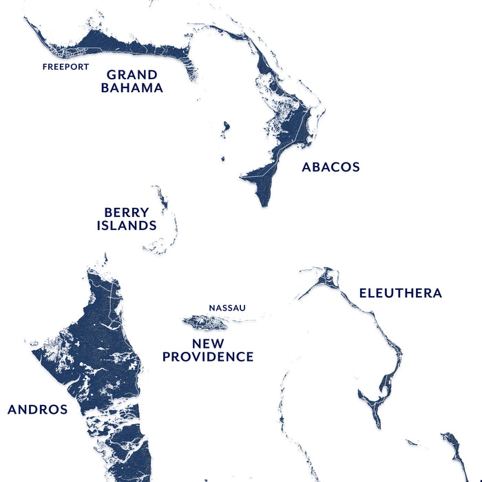 Map of the Bahamas with labeled islands on a white background