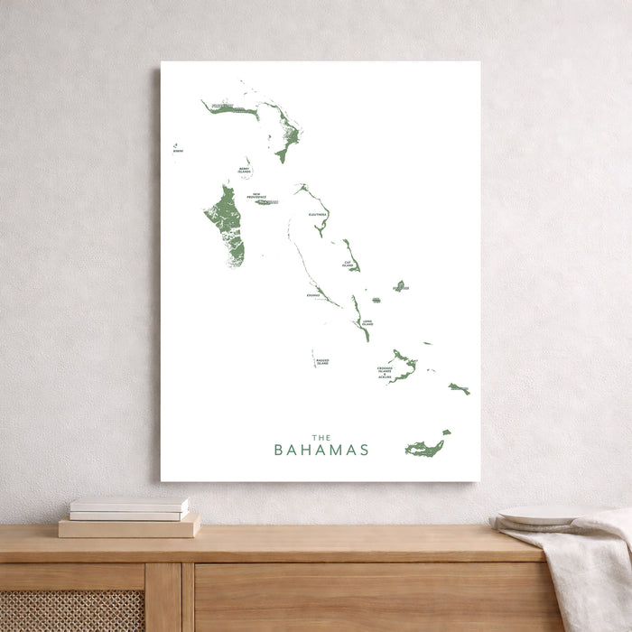 Map of The Bahamas on a white background, displayed on a wall above a wooden shelf.