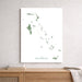 Map of The Bahamas on a white background, displayed on a wall above a wooden shelf.