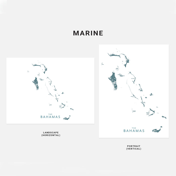 Two map designs of The Bahamas on a white background with 'Marine' text above.