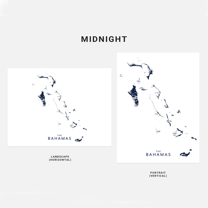 Two map designs of The Bahamas labeled 'Landscape (Horizontal)' and 'Portrait (Vertical)' on a white background.
