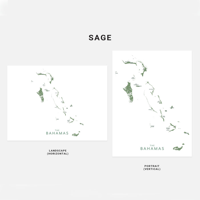Two map prints of The Bahamas in green on white backgrounds with 'SAGE' branding.