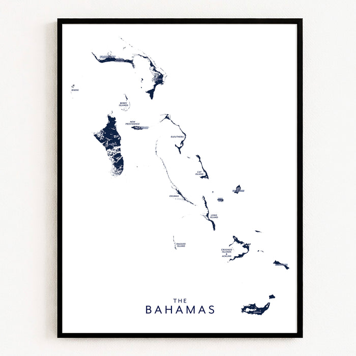 Framed map of The Bahamas on a white background