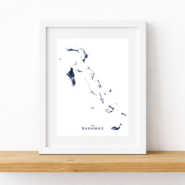 Framed map of The Bahamas on a white background