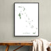 Framed map of The Bahamas on a wall above a wooden bench.