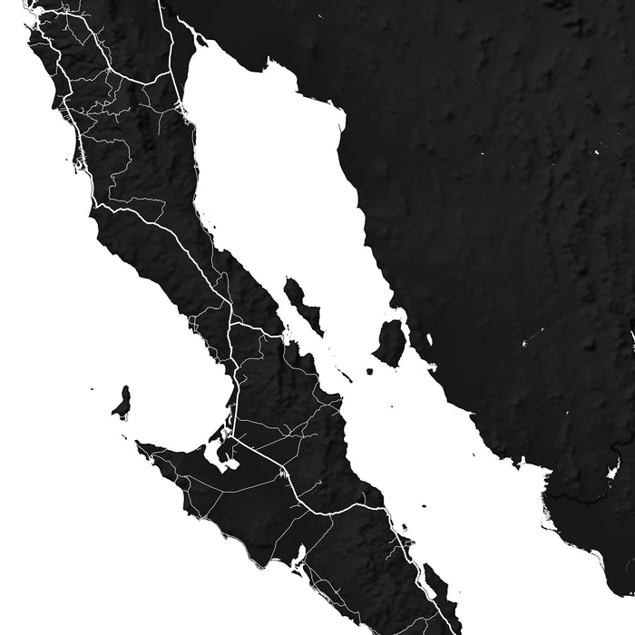 Topographic map of a region with black elevation shading and white contour lines.