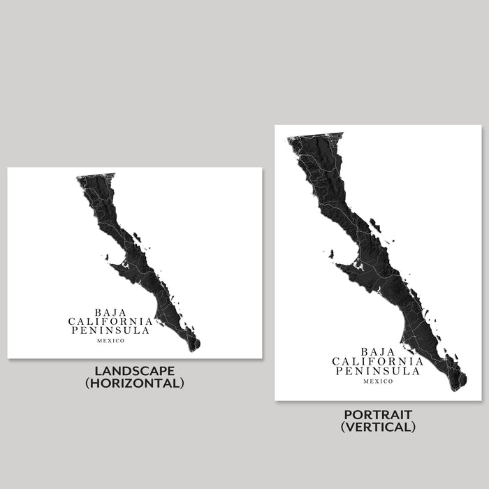 Two maps of Baja California Peninsula, one in landscape and one in portrait orientation, on a gray background.