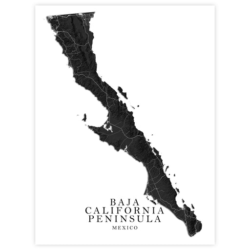 Map of Baja California Peninsula, Mexico in black on a white background