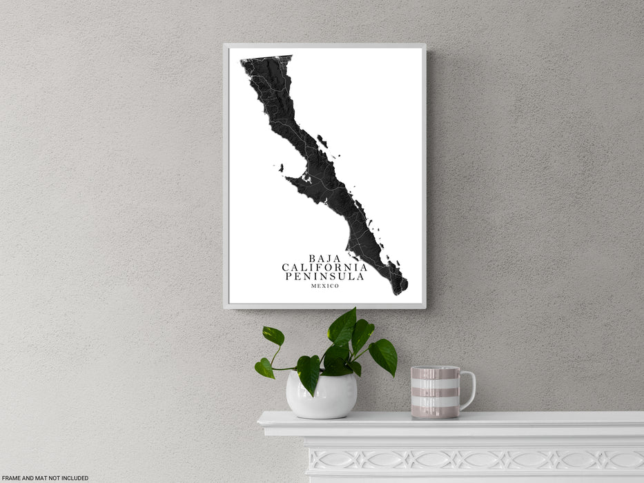 Baja California peninsula map print with a black and white topographic landscape design by Maps As Art.