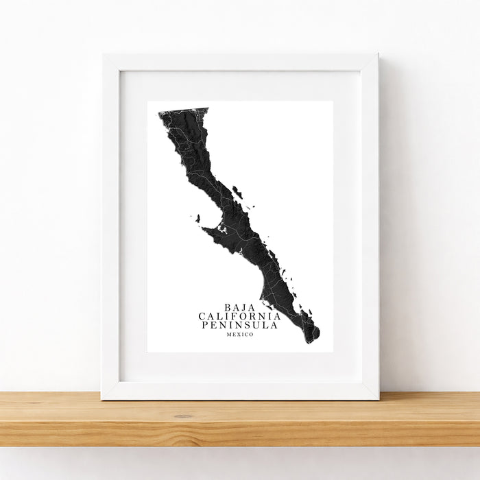 Framed map of Baja California Peninsula on a white background