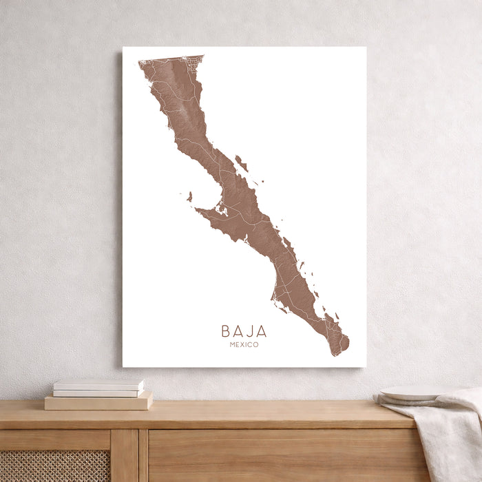 Map of Baja Mexico on a white background above a wooden surface.