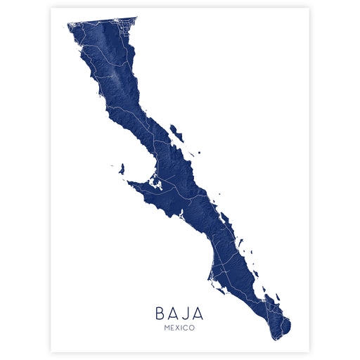 Map of Baja California, Mexico in blue on a white background