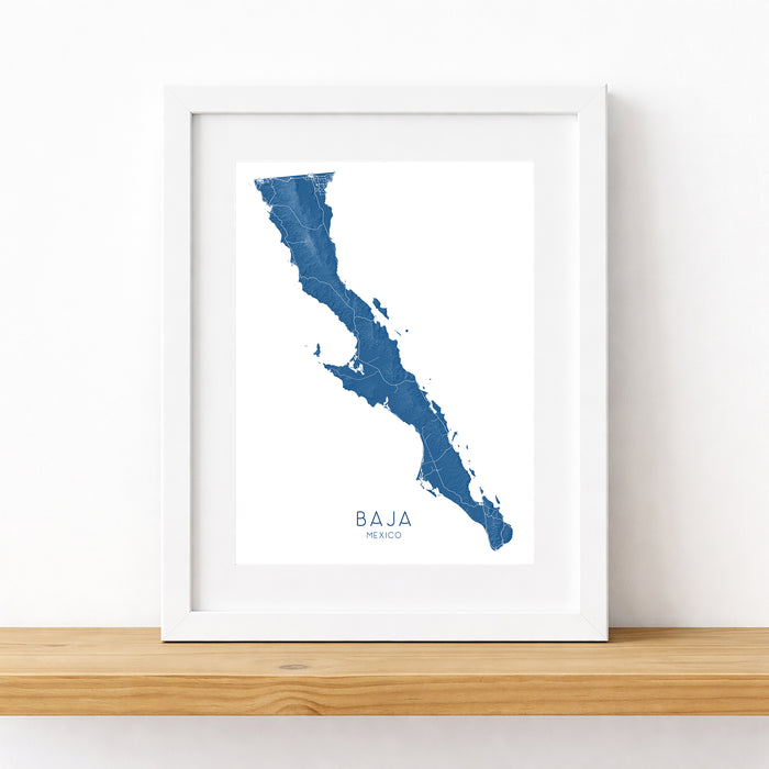 Framed map of Baja California on a white wall