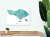 Bali map art print in blue, aqua and turquoise shapes designed by Maps As Art.