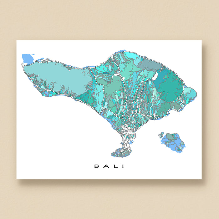 Map of Bali in blue and green on a beige background