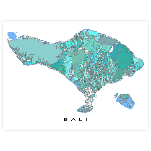 Map of Bali with different shades of blue and green on a white background