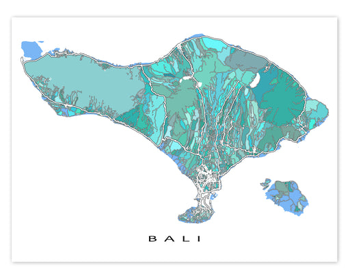 Bali map art print in blue, aqua and turquoise shapes designed by Maps As Art.