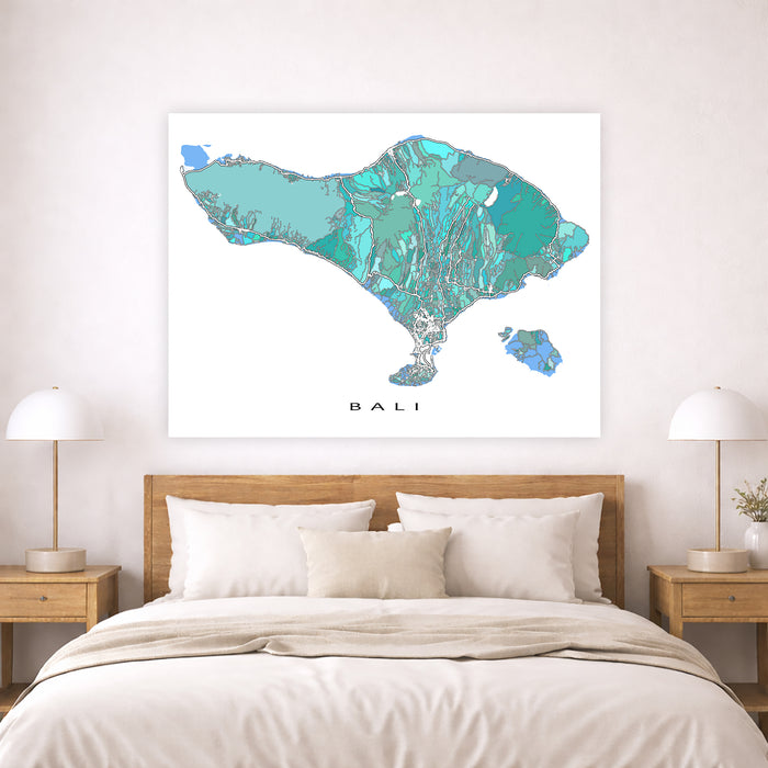 Map of Bali on a wall above a bed in a bedroom setting