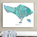 Framed map of Bali on a wall above a white bench.