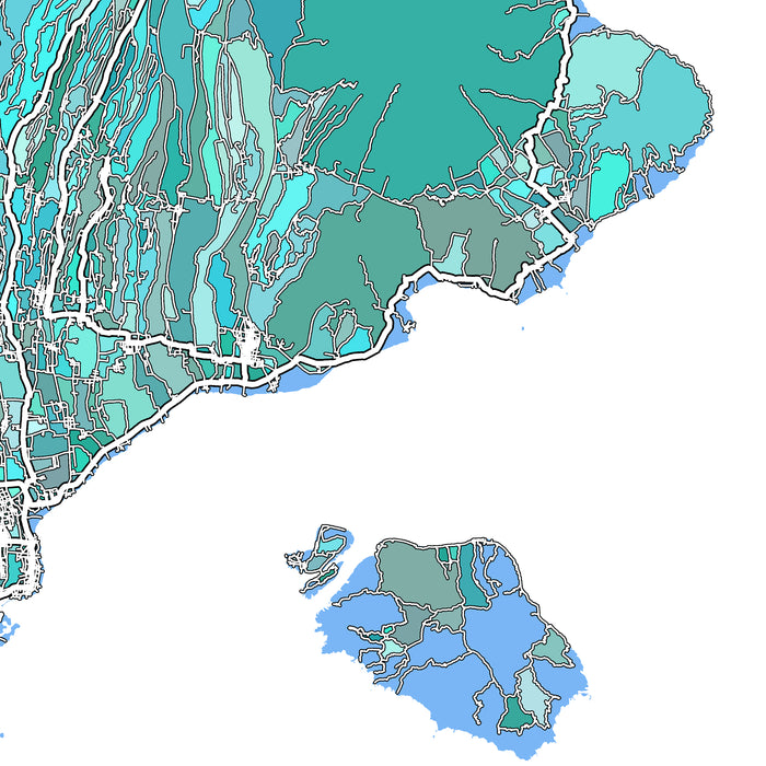 Map of a coastal area with various shades of green and blue