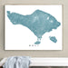 Framed map of Bali on a wall above a white bench.