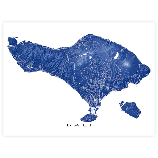 Map of Bali in blue on a white background