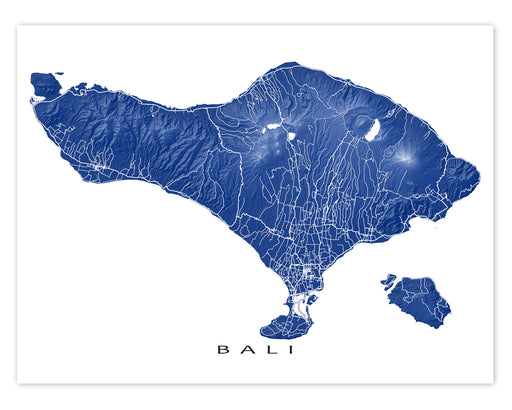 Bali map print close-up with natural island landscape and main roads designed by Maps As Art.