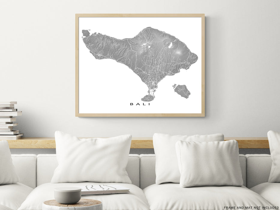 Bali map print close-up with natural island landscape and main roads designed by Maps As Art.