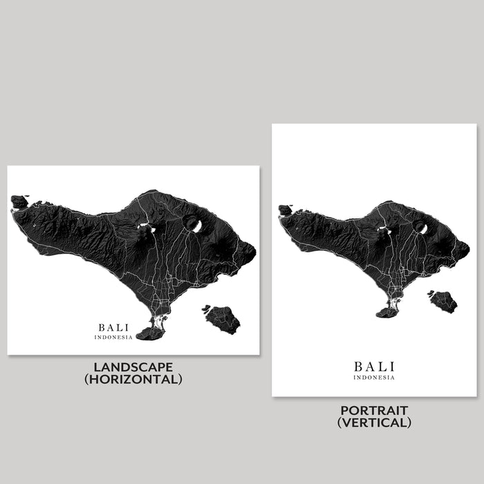 Two maps of Bali, Indonesia, one in landscape and one in portrait orientation, on a gray background.