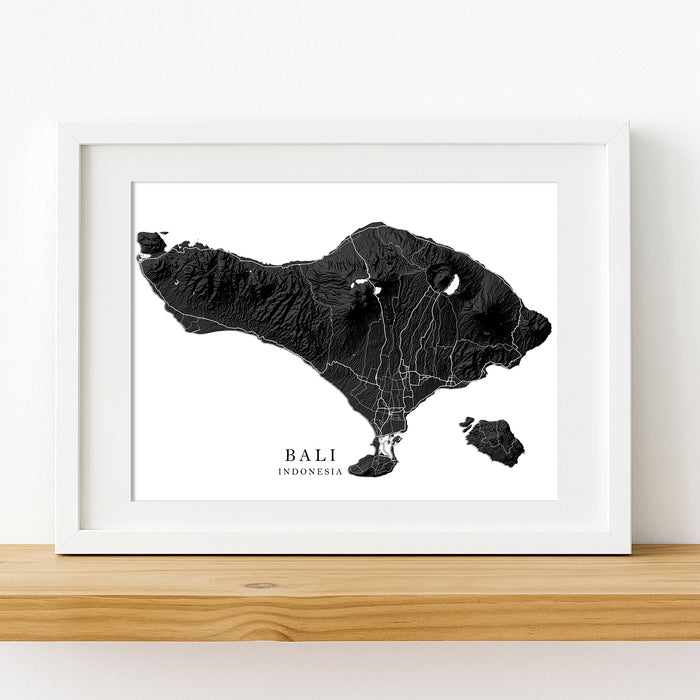Framed map of Bali, Indonesia on a white background