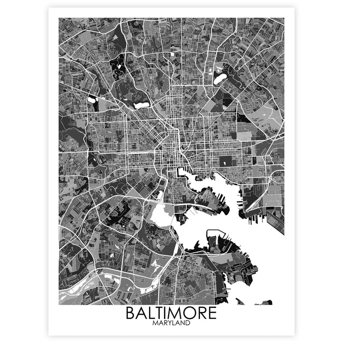 Black and white map of Baltimore, Maryland on a white background