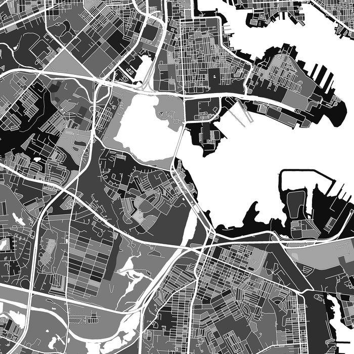 Black and white map of a city layout with roads and districts.
