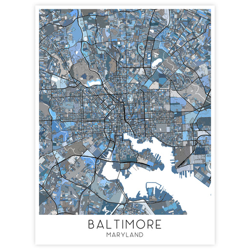 Map of Baltimore, Maryland with blue and gray color scheme on a white background