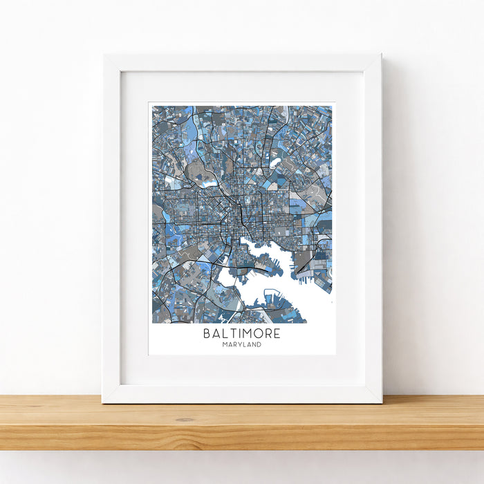 Framed map of Baltimore, Maryland on a white background
