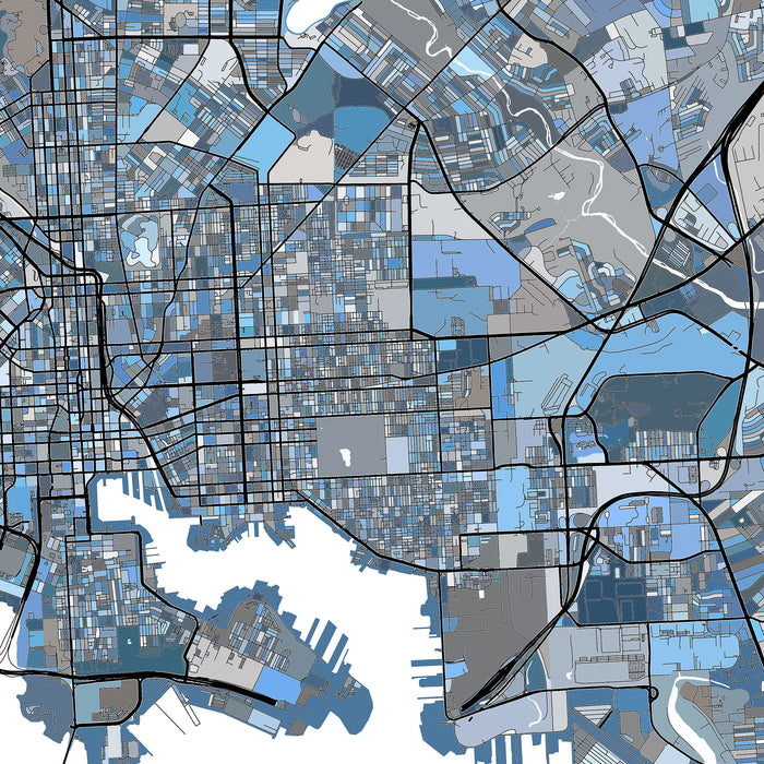 Map of a city with grid layout and blue color coding