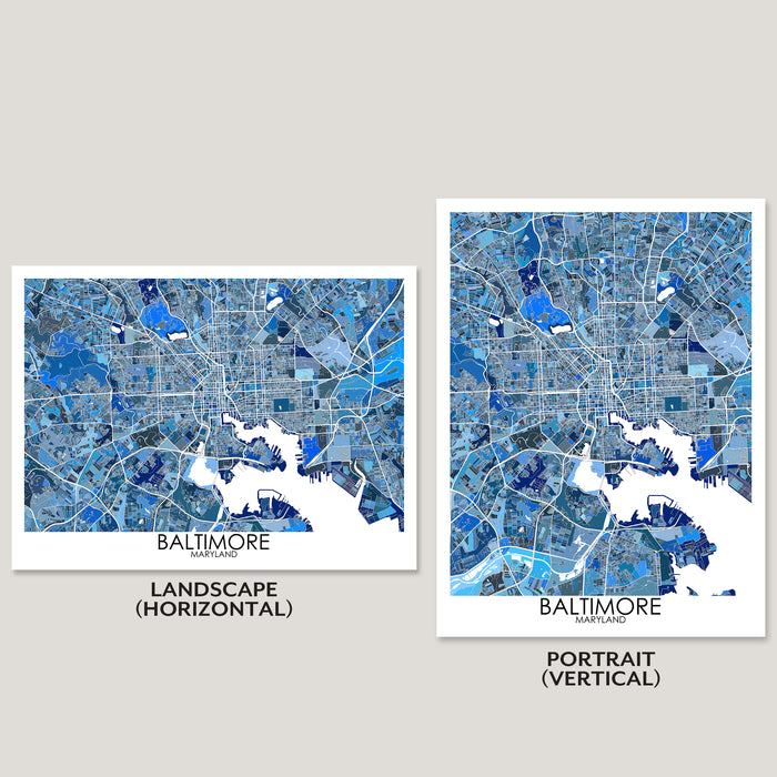 Two maps of Baltimore, one in landscape and one in portrait orientation, on a gray background.