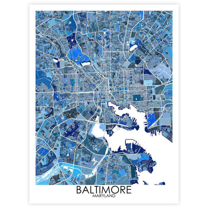 Map of Baltimore, Maryland in blue tones on a white background