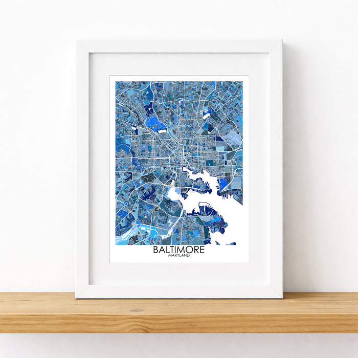 Framed map of Baltimore on a white wall