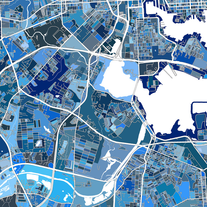 Colorful map of a city with various shades of blue and gray
