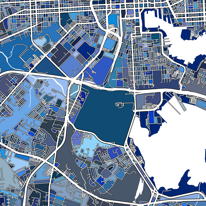 Map of a city with blue and gray color coding