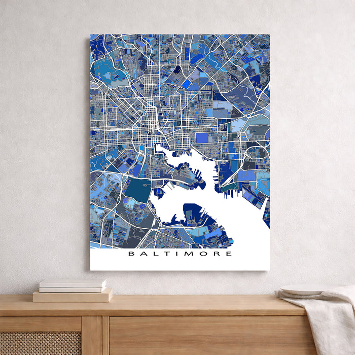Map of Baltimore on a wall above a wooden surface