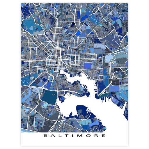 Colorful map of Baltimore with a blue and gray color scheme.