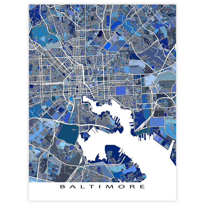 Colorful map of Baltimore with a blue and gray color scheme.