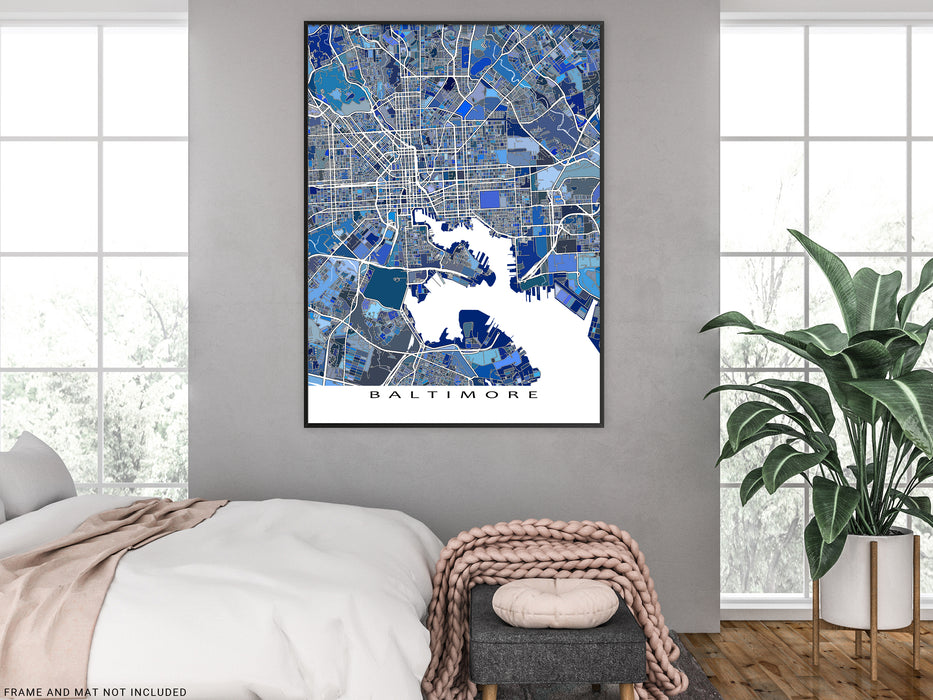 Baltimore, Maryland map art print in blue shapes designed by Maps As Art.