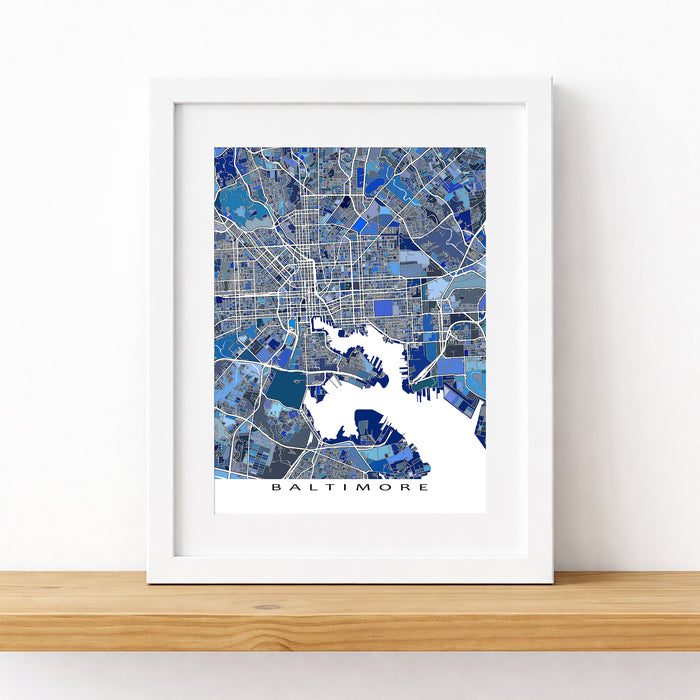 Framed map of Baltimore on a white wall