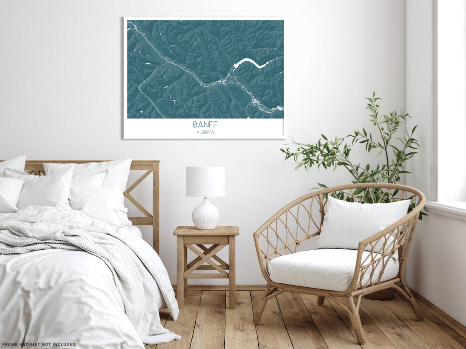 Banff, Alberta, Canada map art print with 3D topographic landscape features and main Banff streets/roads designed by Maps As Art. 