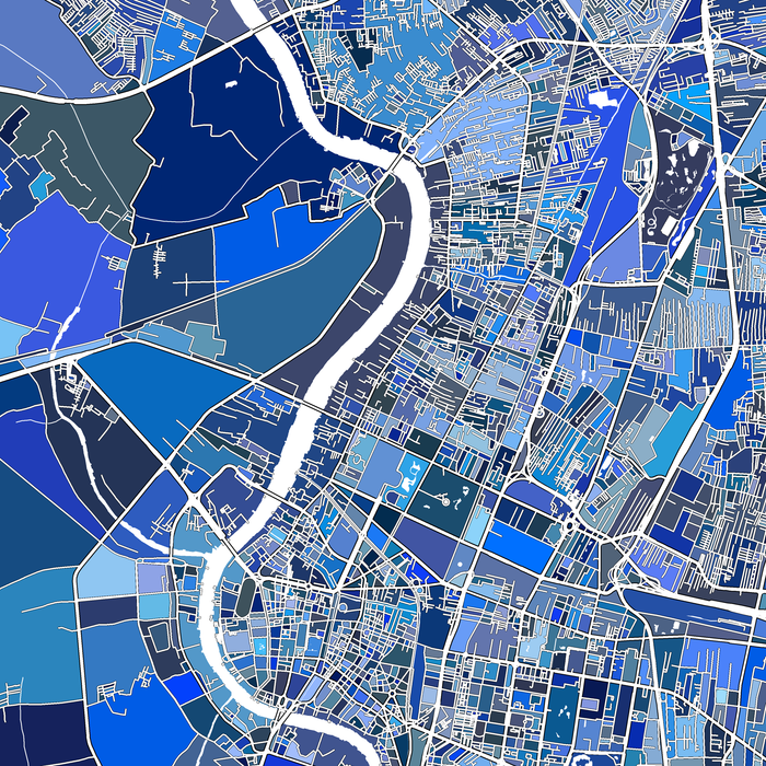 Map of a city with blue color coding